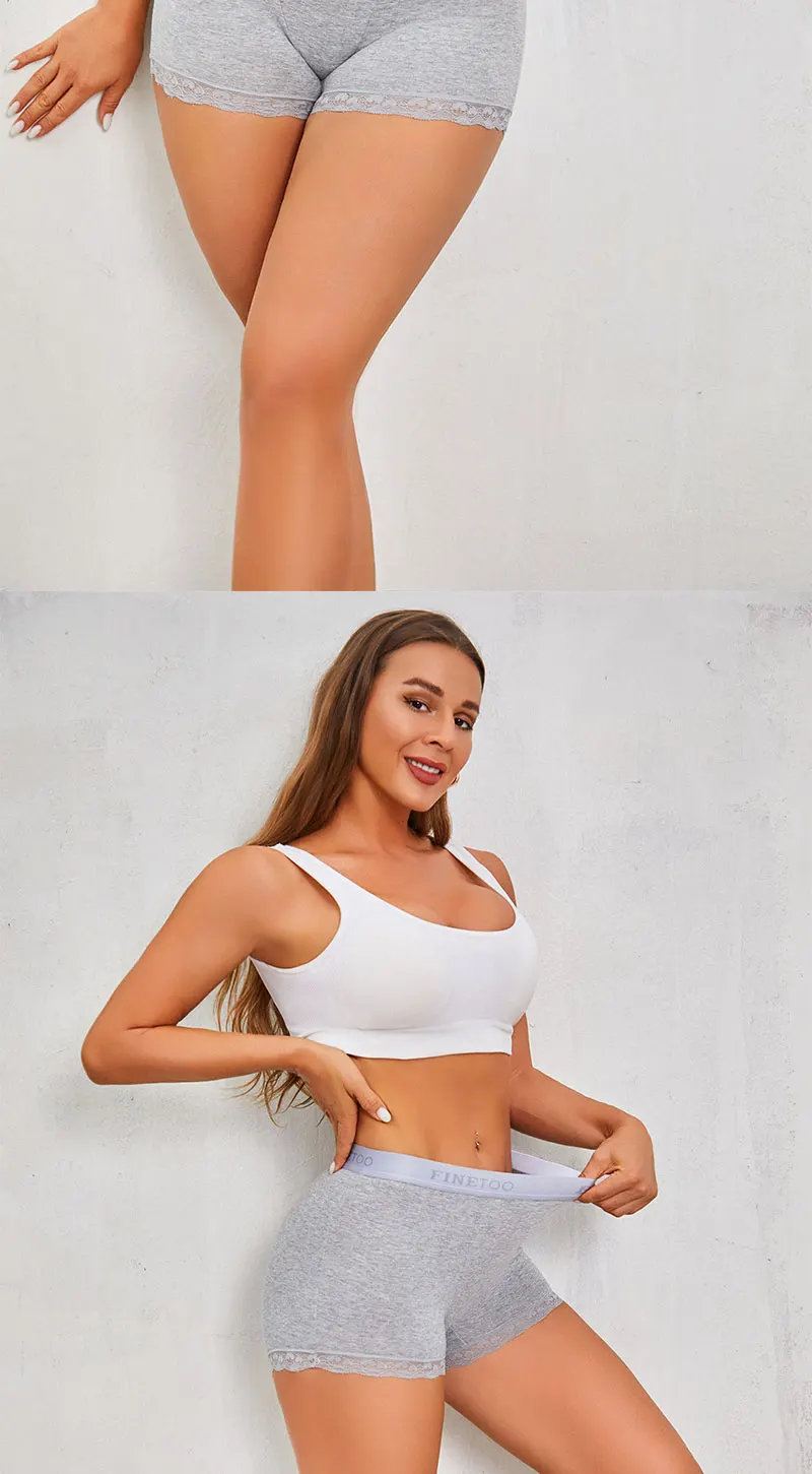 FINETOO 6Pcs/Set Women Soft Cotton Girlshort Underwears Elastic Wide Waistband Lace Edge Boxer Briefs Breathable Anti‑Chafe Panties Safety Shorts For Yoga Workout Home Lounge Wear Plus Size S‑XXL Multi‑Colors Women Underpants