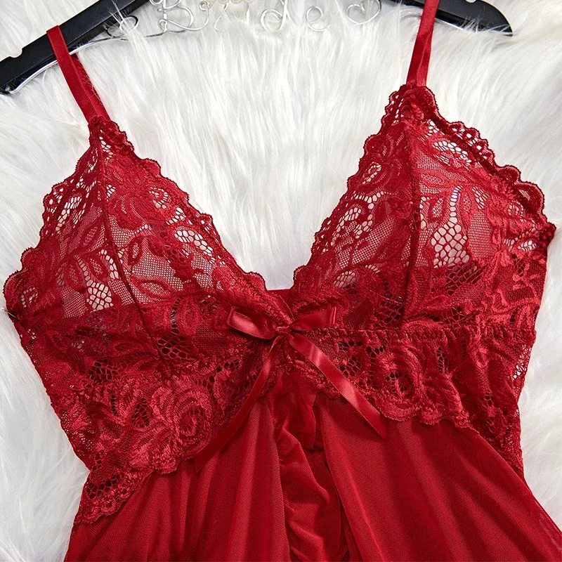 2 Pcs Women Lace Nightgown Set Deep V Neck Bra Panties Transparent Solid Slim Soft Split Nightdress Lingerie