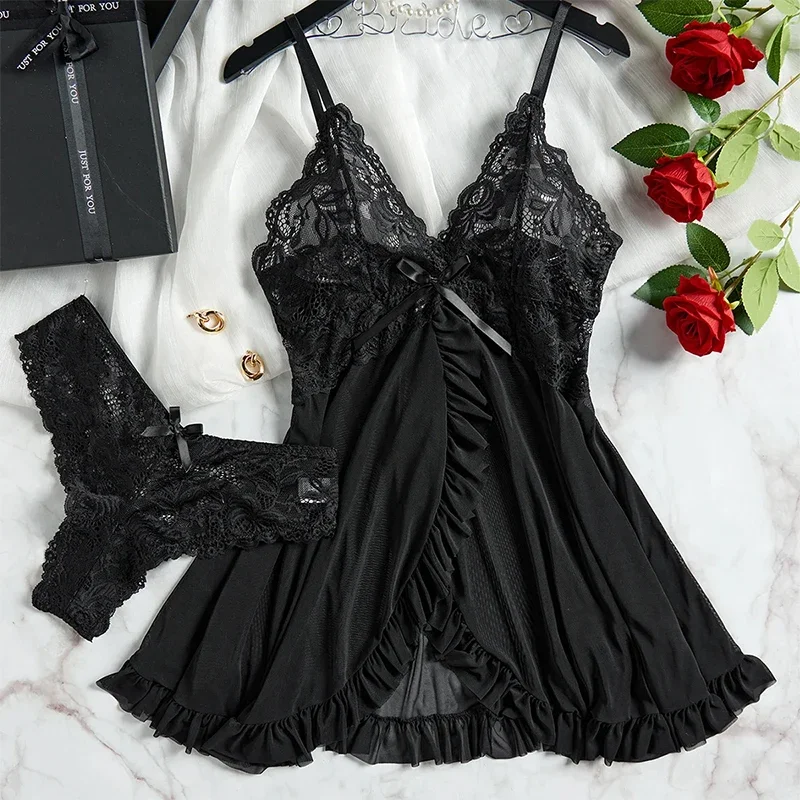 2 Pcs Women Lace Nightgown Set Deep V Neck Bra Panties Transparent Solid Slim Soft Split Nightdress Lingerie