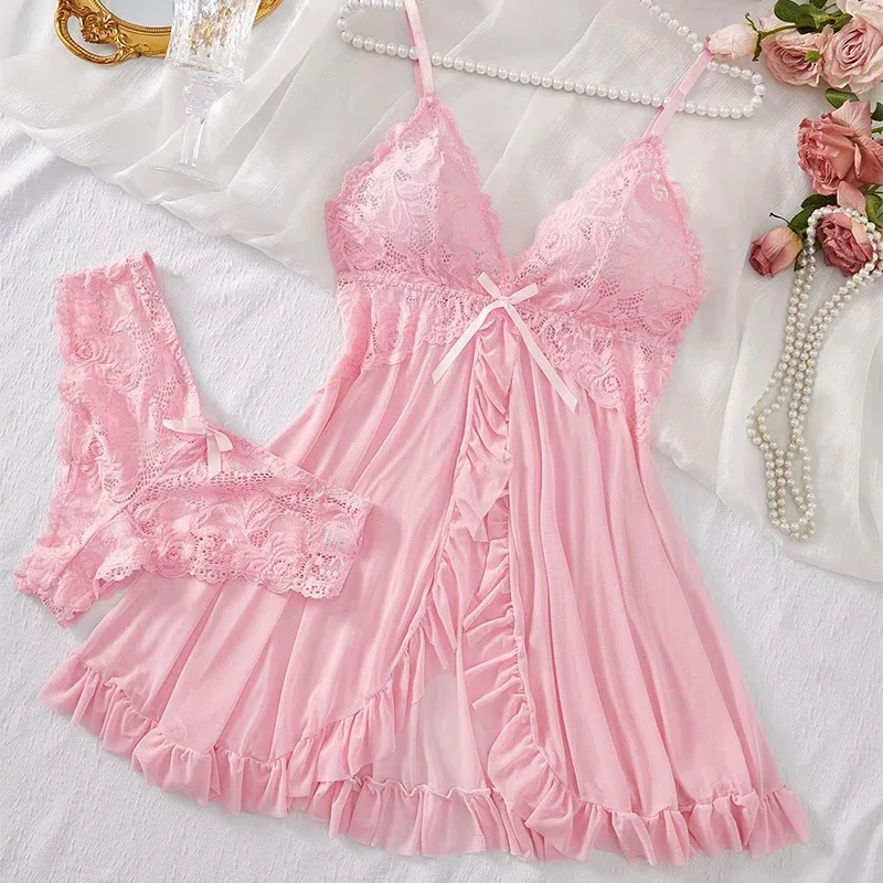 2 Pcs Women Lace Nightgown Set Deep V Neck Bra Panties Transparent Solid Slim Soft Split Nightdress Lingerie