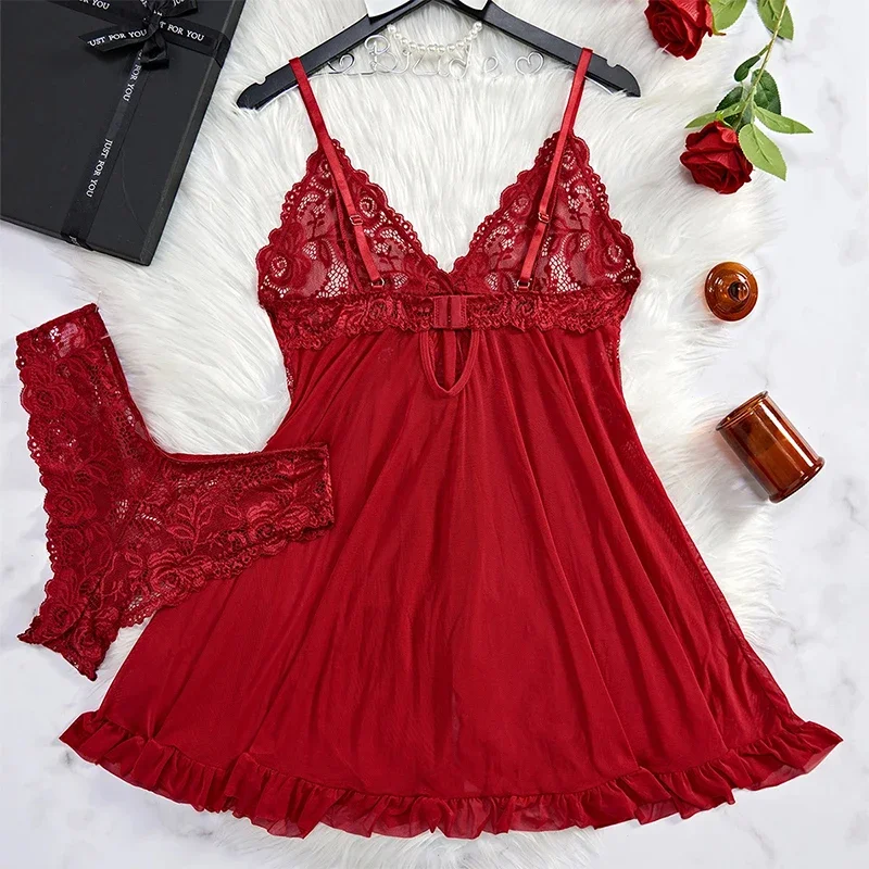 2 Pcs Women Lace Nightgown Set Deep V Neck Bra Panties Transparent Solid Slim Soft Split Nightdress Lingerie