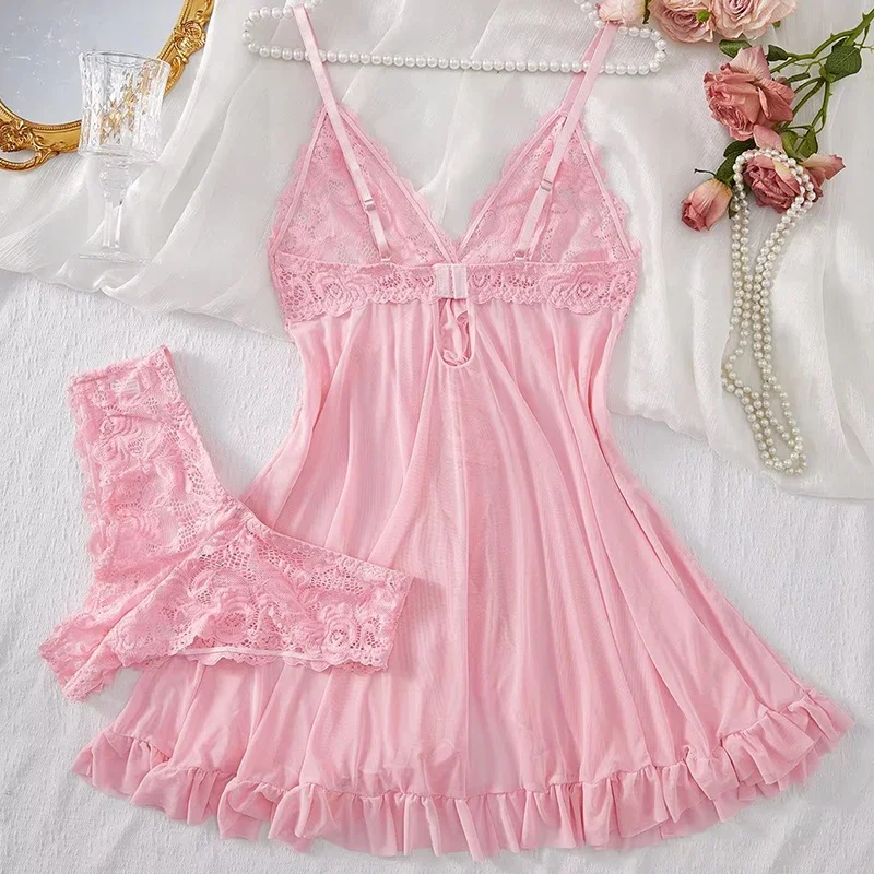 2 Pcs Women Lace Nightgown Set Deep V Neck Bra Panties Transparent Solid Slim Soft Split Nightdress Lingerie