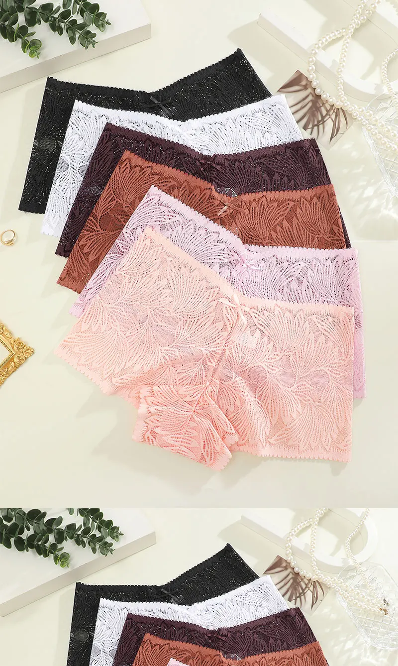 FINETOO 8Pcs Women Sexy Floral Lace Boyshort Underwear Mid‑Rise Stretch Sheer Hollow Lace Panties Breathable Comfortable Soft Ladies Brief Underpants Assorted Multicolor Lingerie Set for Everyday Wear S‑XL
