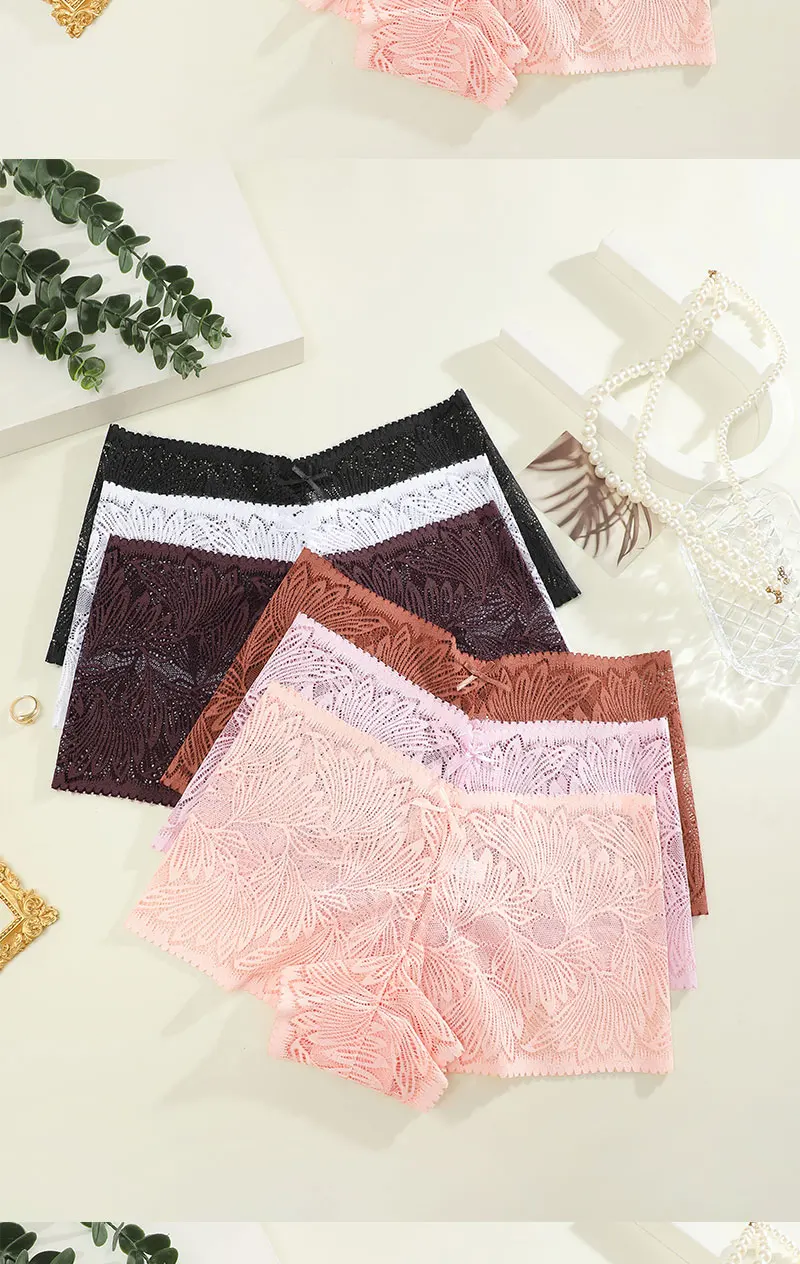 FINETOO 8Pcs Women Sexy Floral Lace Boyshort Underwear Mid‑Rise Stretch Sheer Hollow Lace Panties Breathable Comfortable Soft Ladies Brief Underpants Assorted Multicolor Lingerie Set for Everyday Wear S‑XL