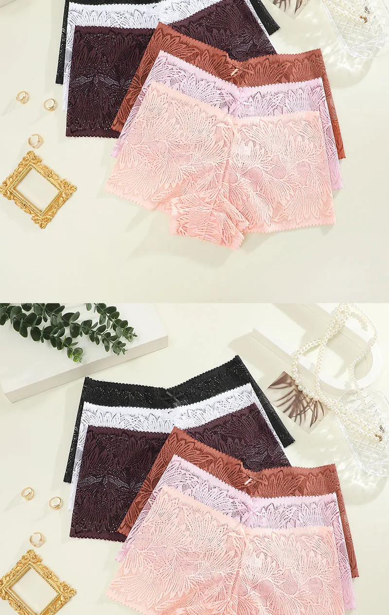 FINETOO 8Pcs Women Sexy Floral Lace Boyshort Underwear Mid‑Rise Stretch Sheer Hollow Lace Panties Breathable Comfortable Soft Ladies Brief Underpants Assorted Multicolor Lingerie Set for Everyday Wear S‑XL