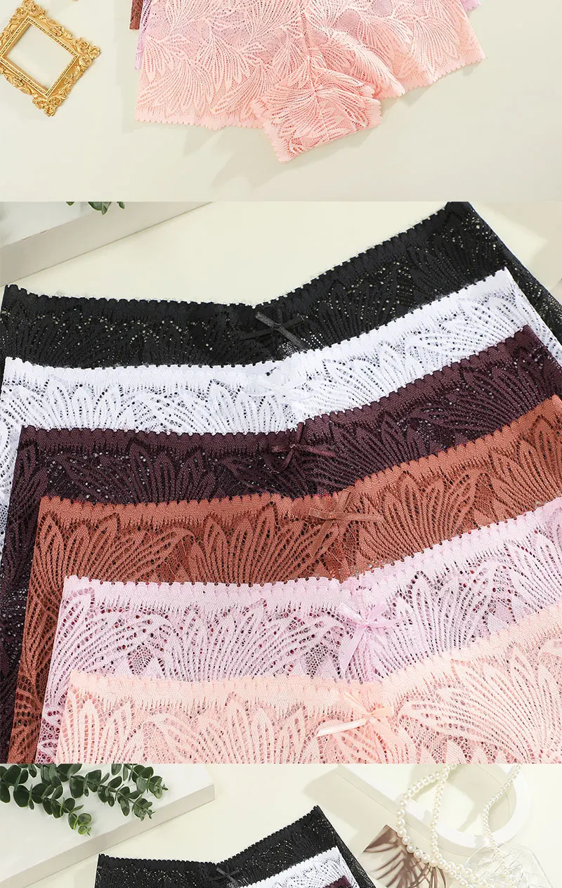 FINETOO 8Pcs Women Sexy Floral Lace Boyshort Underwear Mid‑Rise Stretch Sheer Hollow Lace Panties Breathable Comfortable Soft Ladies Brief Underpants Assorted Multicolor Lingerie Set for Everyday Wear S‑XL