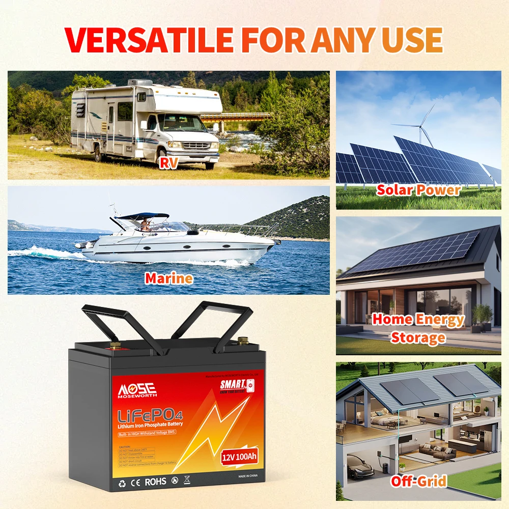 MOSEWORTH 12V 100Ah LiFePo4 Battery Pack Built-in 100A BMS Lithium Iron Phosphate Battery Rechargeable Bateria For Solar Boat