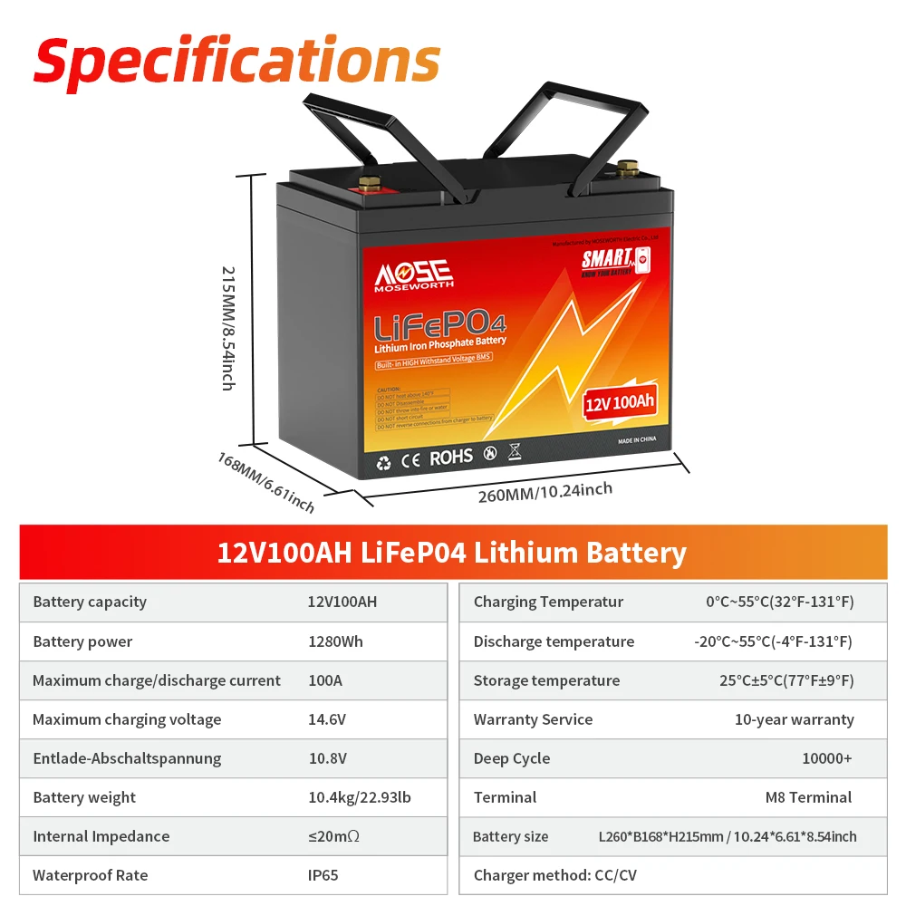 MOSEWORTH 12V 100Ah LiFePo4 Battery Pack Built-in 100A BMS Lithium Iron Phosphate Battery Rechargeable Bateria For Solar Boat