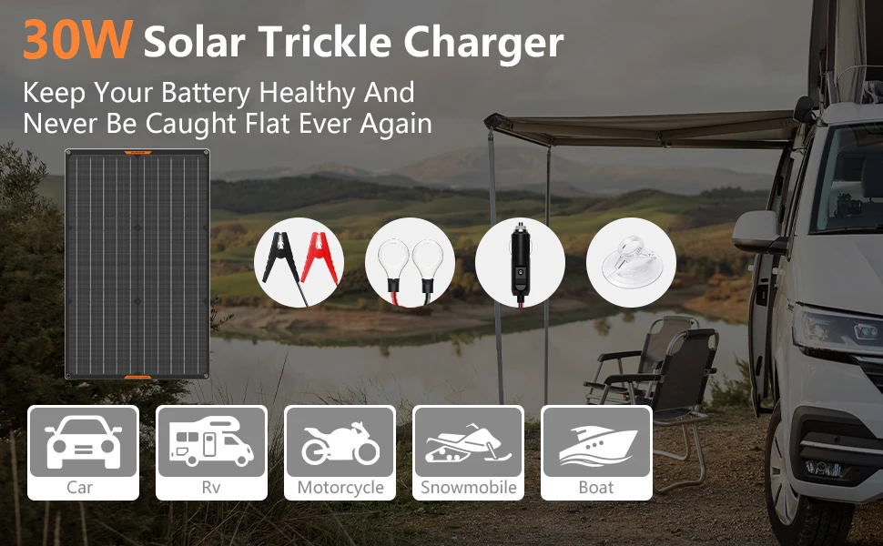 MHPOWOS Waterproof 30W 12V Solar Battery Charger & Maintainer 12 Volt Solar Panel Trickle Charging Kits for Car Boat Marine RV