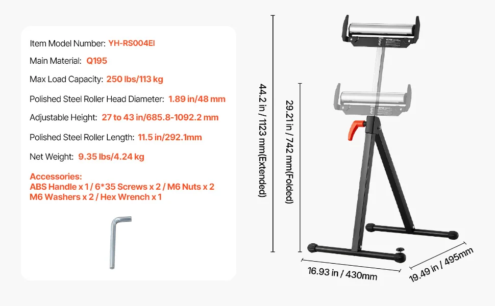 SucceBuy Roller Stand 135lbs/250lbs LBC Adjustable Height with 11.5in Polished Steel Roller Head Woodworking Extension Support