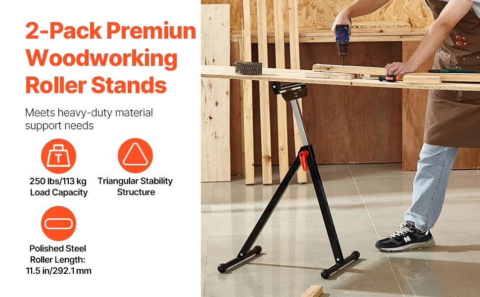 SucceBuy Roller Stand 135lbs/250lbs LBC Adjustable Height with 11.5in Polished Steel Roller Head Woodworking Extension Support