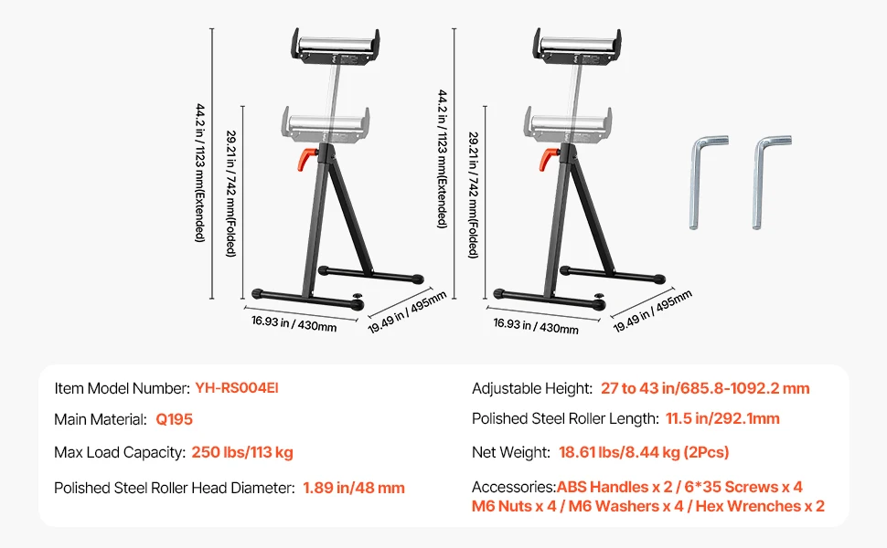 SucceBuy Roller Stand 135lbs/250lbs LBC Adjustable Height with 11.5in Polished Steel Roller Head Woodworking Extension Support