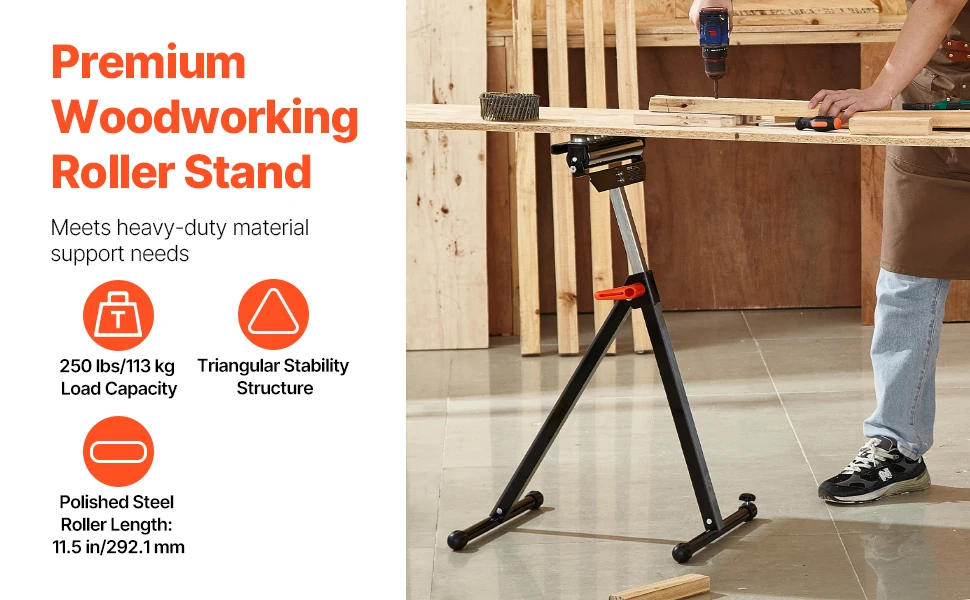 SucceBuy Roller Stand 135lbs/250lbs LBC Adjustable Height with 11.5in Polished Steel Roller Head Woodworking Extension Support