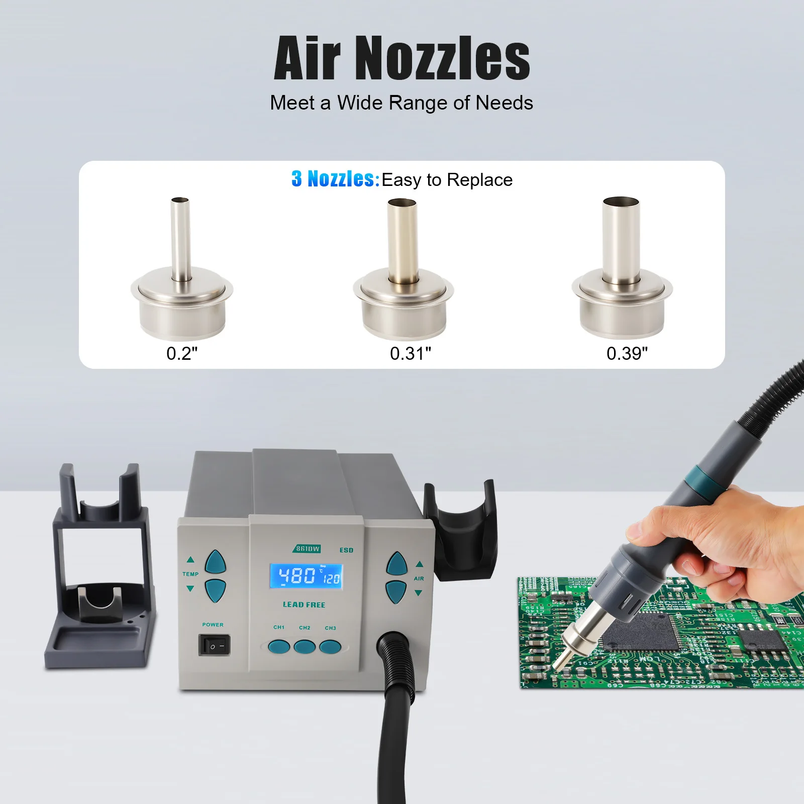1000W 110V Powerful Hot Air Rework Station Lead-free Digital Hot Air Gun with LCD Display Brushless Turbine Fan