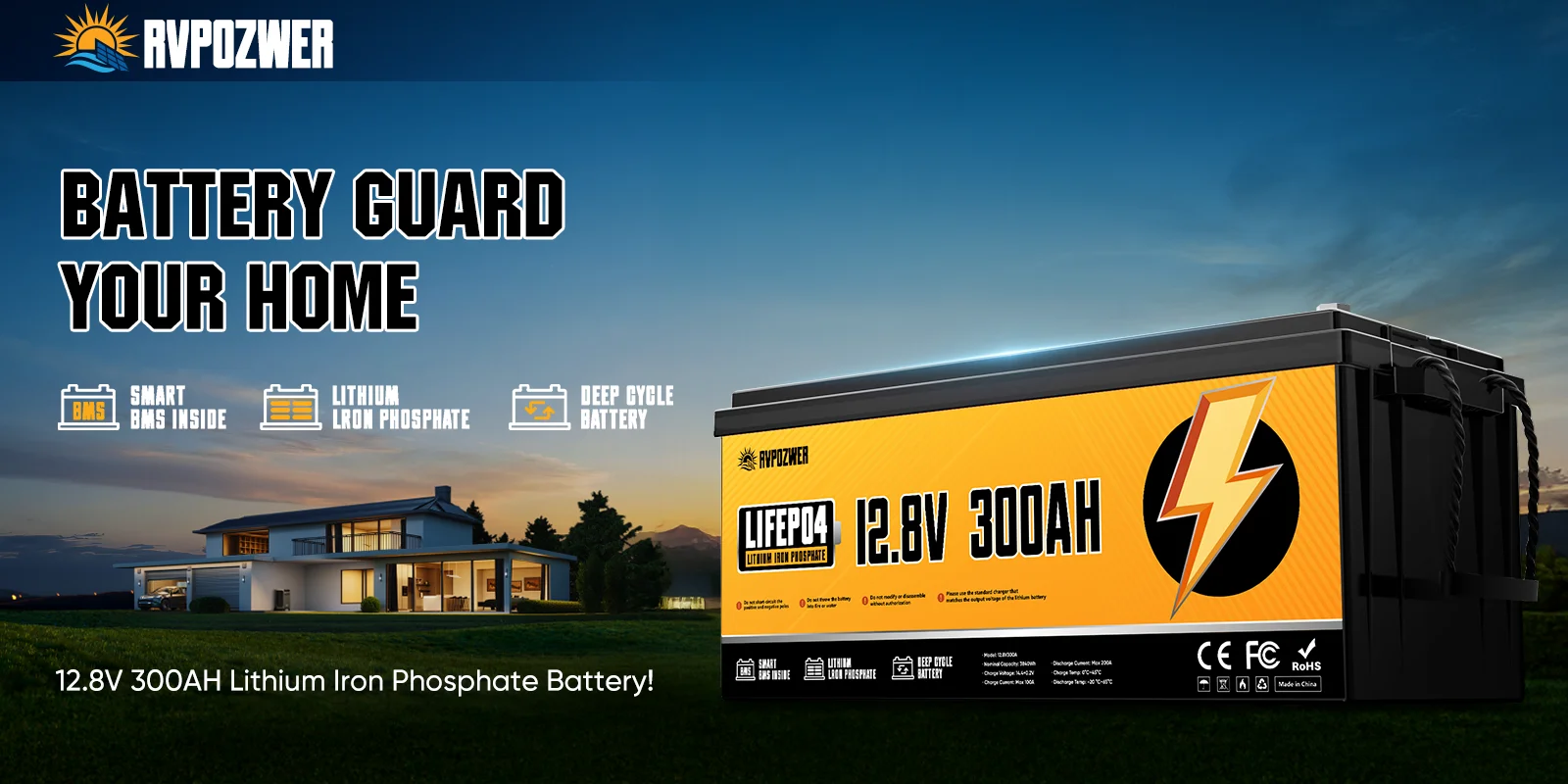 RVPOZWER12V Lithium Battery 100AH 200AH 300AH Nominal Capacity LiFePO4 1280/2560/3480WH BMS Portable Rechargeable 25000Cycles