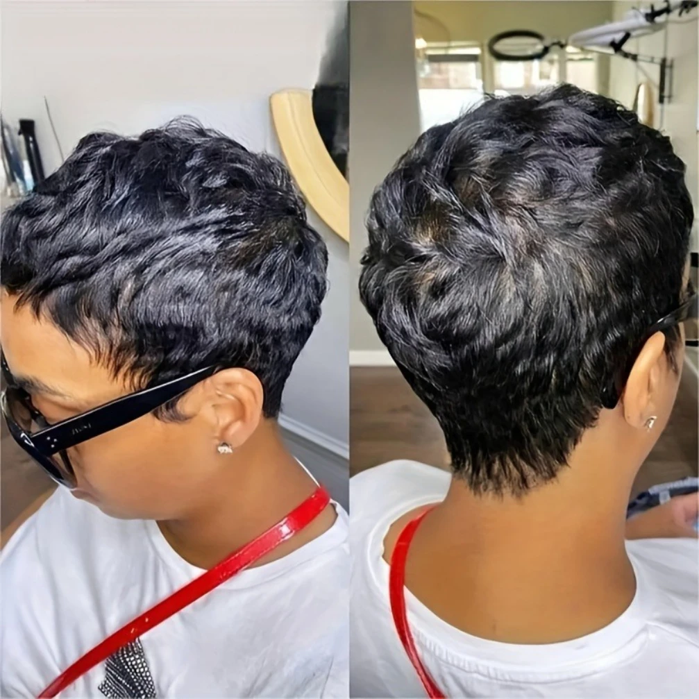 Curly Wave Wig 150% Density 4Inch Pixie Cut Curly Wave Human Hair Wig for Women Full Machine Made Wig for Daily Wear and Party