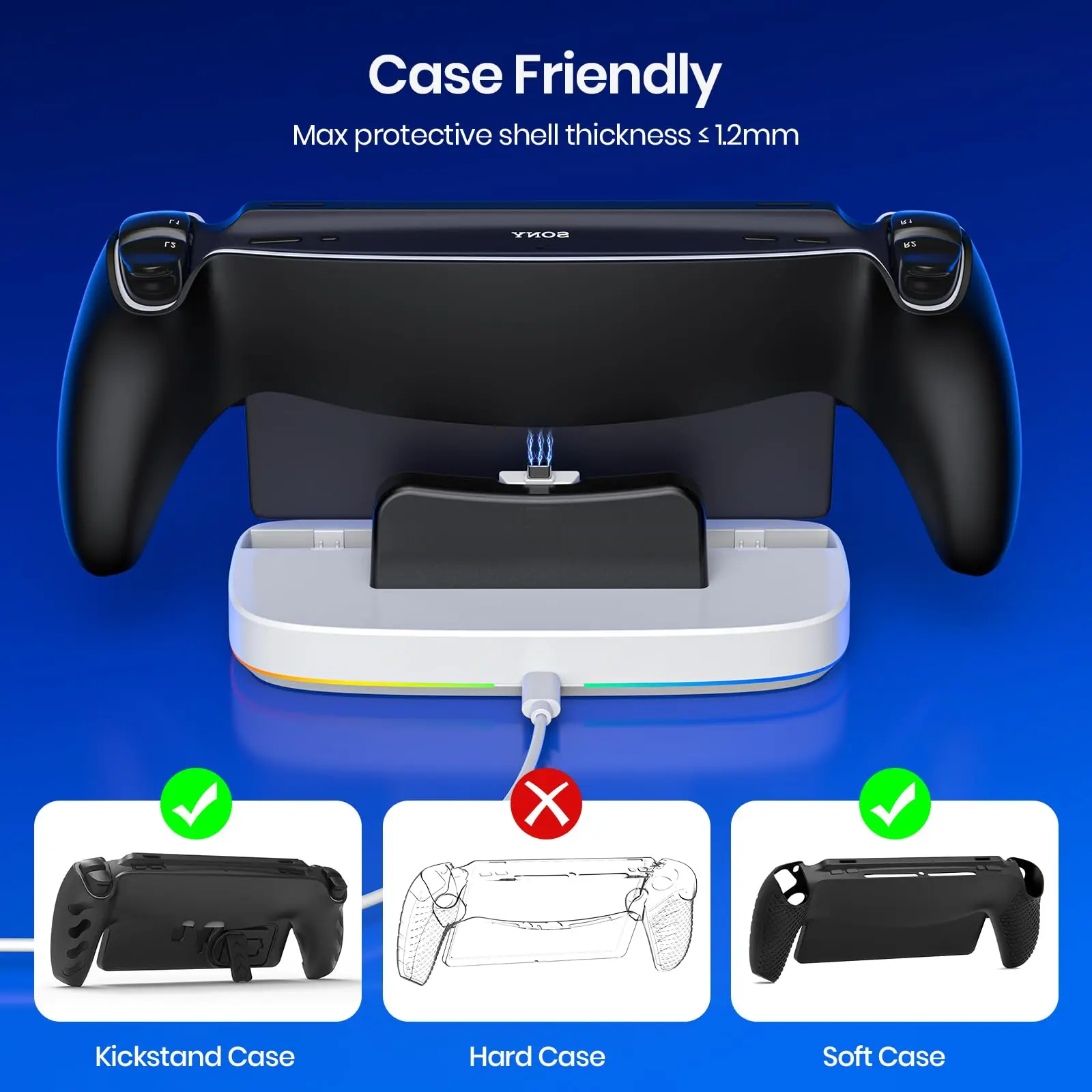 NEWDERY Charger Dock for PS Portal Portable Charging Station Magnetic Connector Charging Stand with RGB Light and Type-C Cable