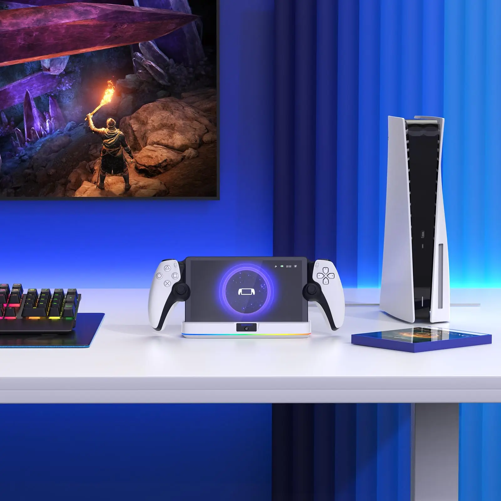 NEWDERY Charger Dock for PS Portal Portable Charging Station Magnetic Connector Charging Stand with RGB Light and Type-C Cable