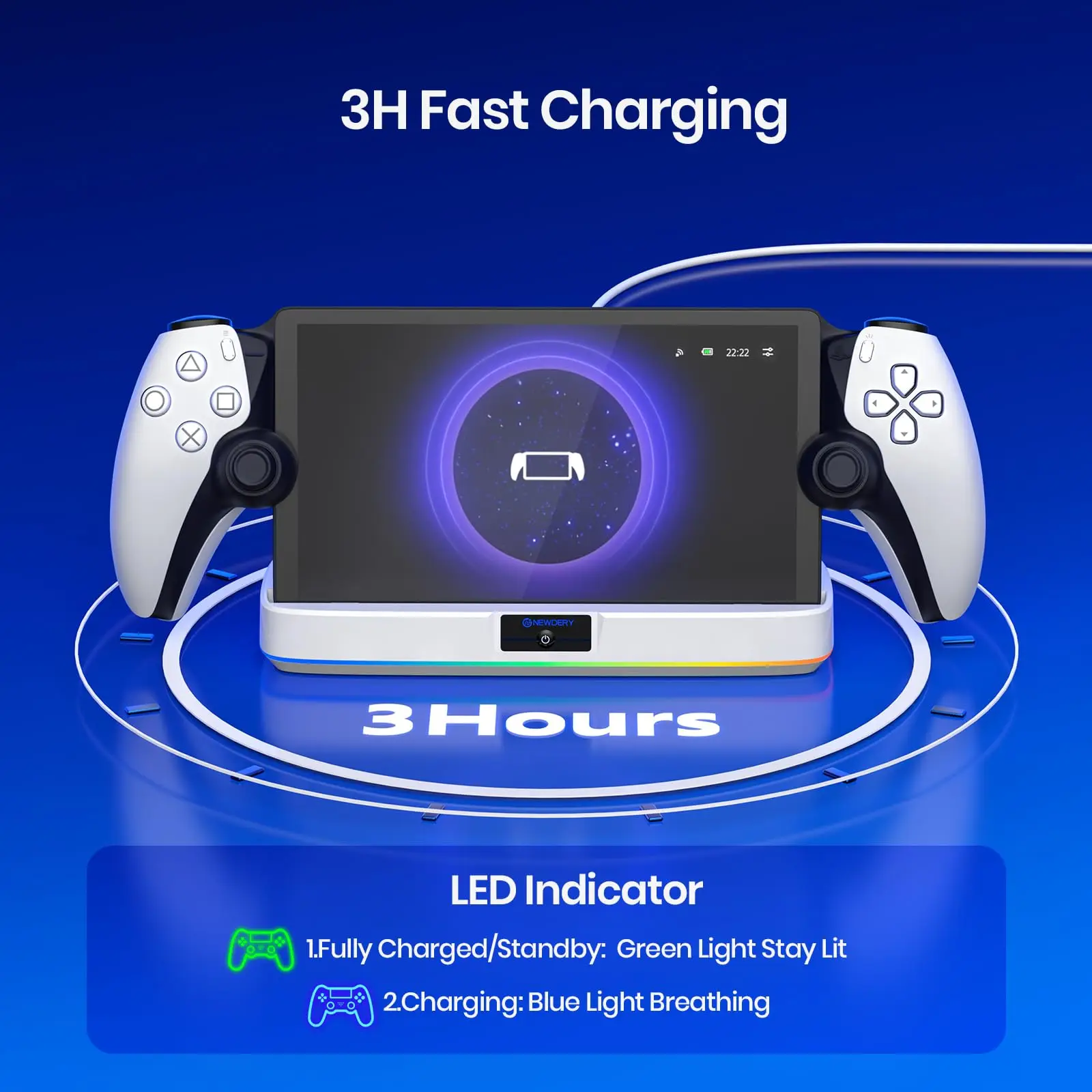 NEWDERY Charger Dock for PS Portal Portable Charging Station Magnetic Connector Charging Stand with RGB Light and Type-C Cable