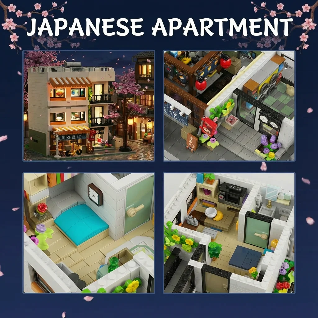 3911PCS Sushi Shop Apartment Building Blocks Set Japanese Street View House Cherry Blossom Architecture Modular Model Kit with 5 Figuren and LED Lighting DIY Assembly Bricks Toys for Adults Gift Desktop Ornament Collection Display Home Decortion