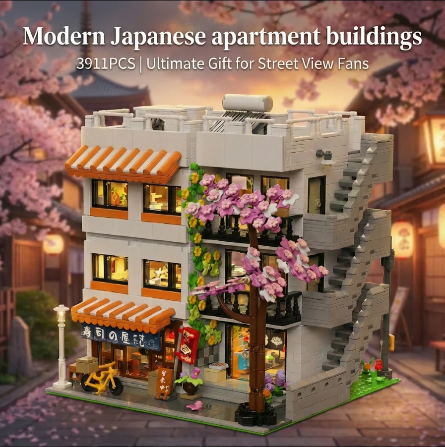 3911PCS Sushi Shop Apartment Building Blocks Set Japanese Street View House Cherry Blossom Architecture Modular Model Kit with 5 Figuren and LED Lighting DIY Assembly Bricks Toys for Adults Gift Desktop Ornament Collection Display Home Decortion