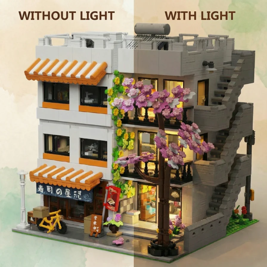3911PCS Sushi Shop Apartment Building Blocks Set Japanese Street View House Cherry Blossom Architecture Modular Model Kit with 5 Figuren and LED Lighting DIY Assembly Bricks Toys for Adults Gift Desktop Ornament Collection Display Home Decortion