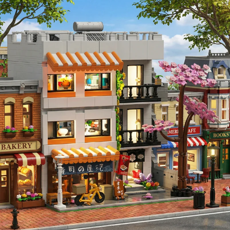 3911PCS Sushi Shop Apartment Building Blocks Set Japanese Street View House Cherry Blossom Architecture Modular Model Kit with 5 Figuren and LED Lighting DIY Assembly Bricks Toys for Adults Gift Desktop Ornament Collection Display Home Decortion