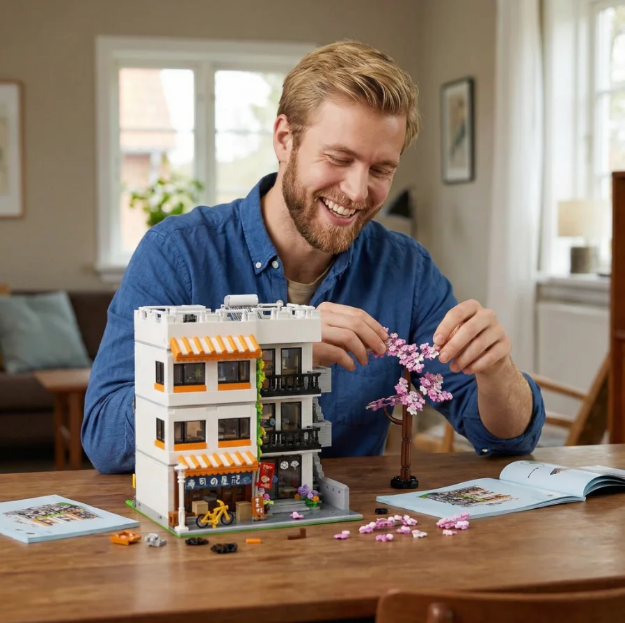 3911PCS Sushi Shop Apartment Building Blocks Set Japanese Street View House Cherry Blossom Architecture Modular Model Kit with 5 Figuren and LED Lighting DIY Assembly Bricks Toys for Adults Gift Desktop Ornament Collection Display Home Decortion