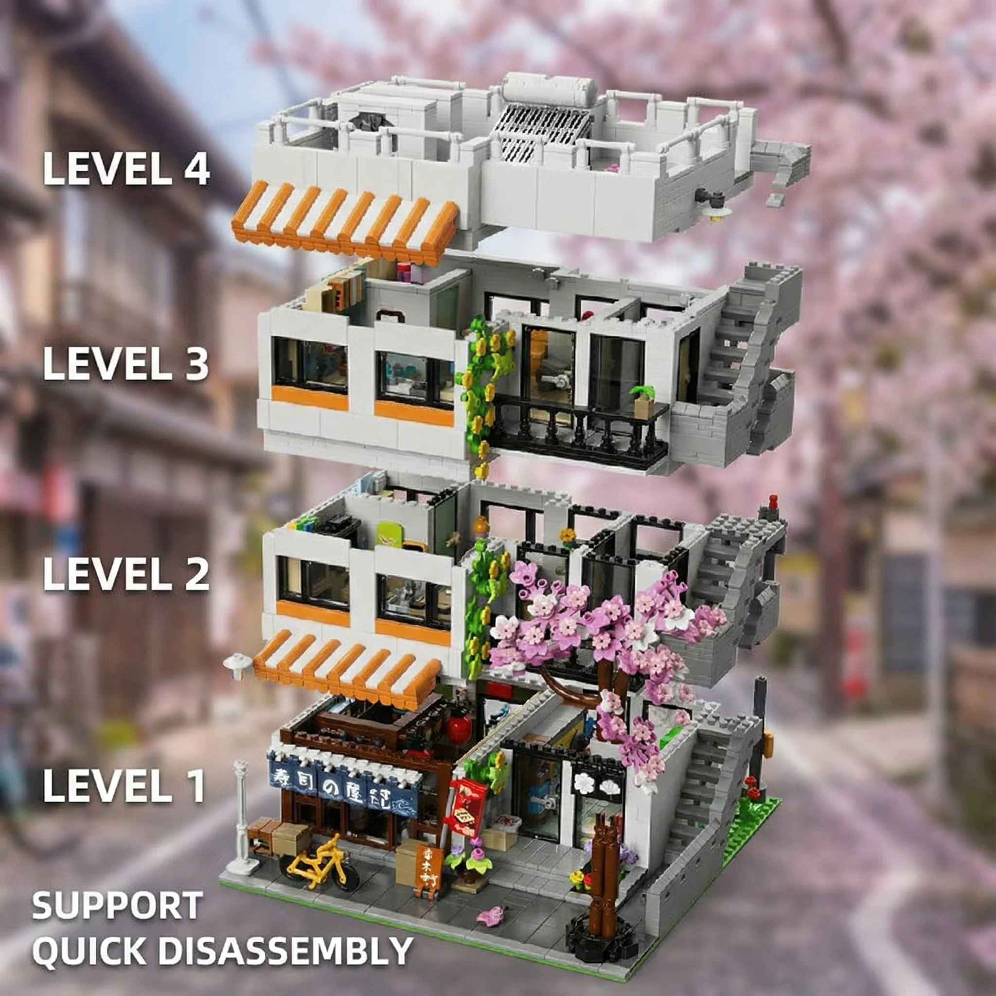 3911PCS Sushi Shop Apartment Building Blocks Set Japanese Street View House Cherry Blossom Architecture Modular Model Kit with 5 Figuren and LED Lighting DIY Assembly Bricks Toys for Adults Gift Desktop Ornament Collection Display Home Decortion