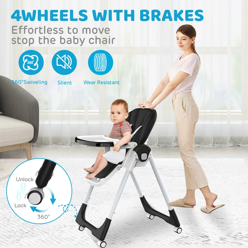 Sejoy Baby High Chair Adjustable with 5-Point Harness 3-Tier Tray & Wheels CE/CPC Certified Children's Dining Chair