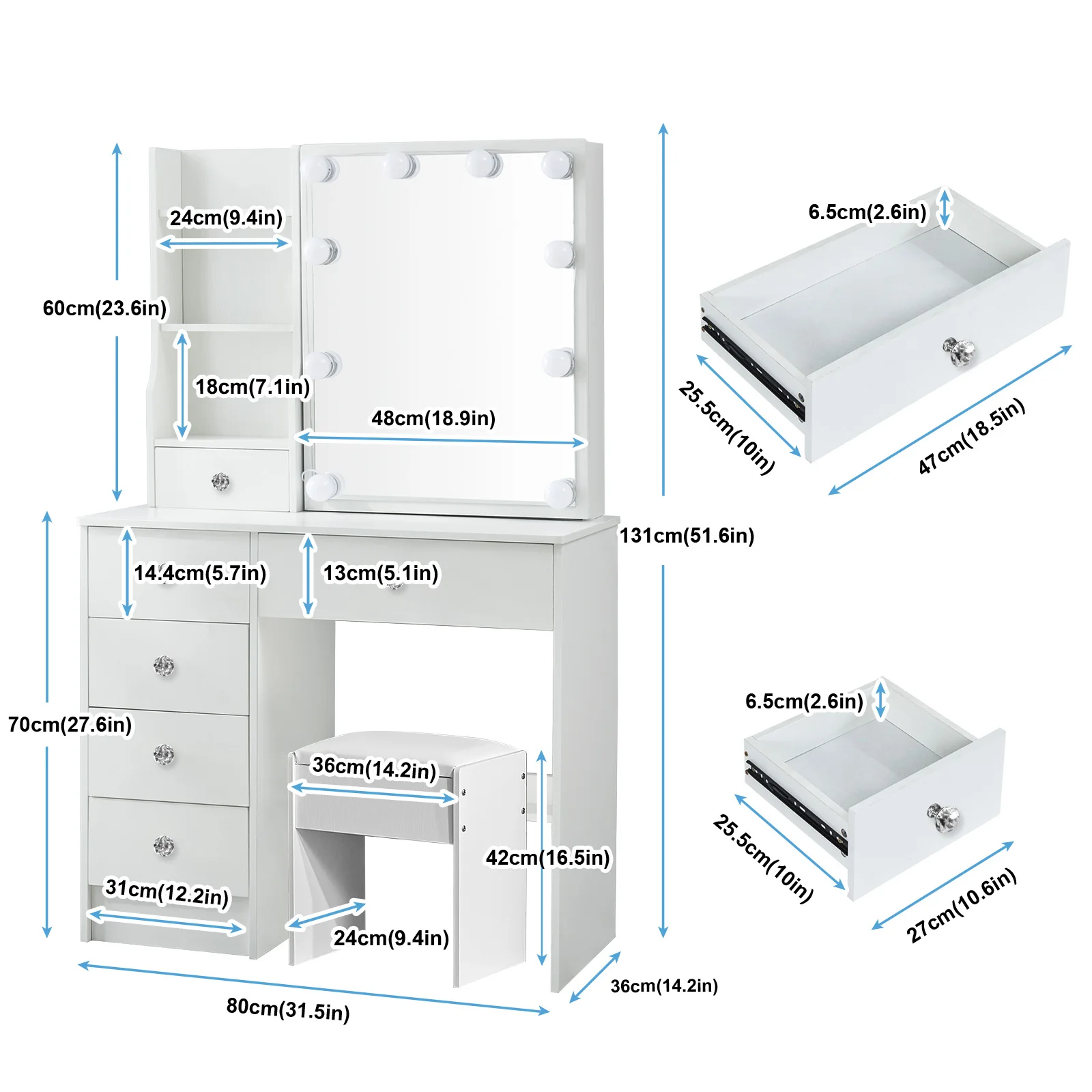 Teousev White LED Makeup Vanity Set with Sliding Mirror, 3-Color Dimmable Lights, 6 Drawers & Stool, Modern Dressing Table