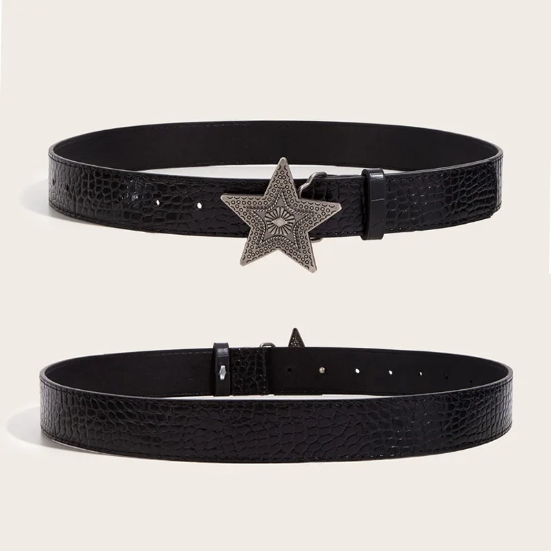 Width 3.3cm Hip-hop Retro Ladies Belt Gothic Punk Five-pointed Star Buckle Pu Leather Girdle Rock Y2k Popular Red Waistband