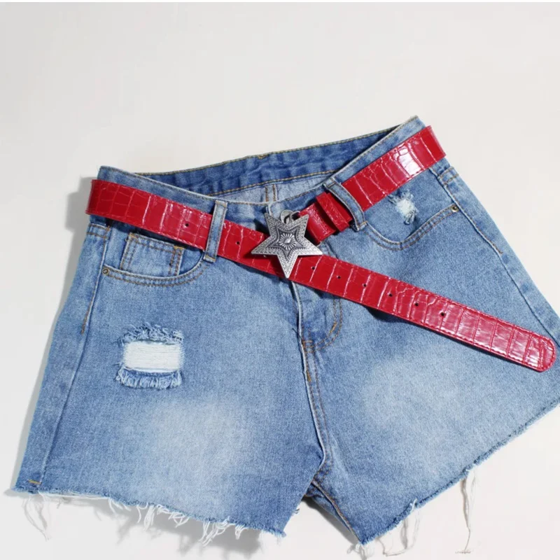 Width 3.3cm Hip-hop Retro Ladies Belt Gothic Punk Five-pointed Star Buckle Pu Leather Girdle Rock Y2k Popular Red Waistband