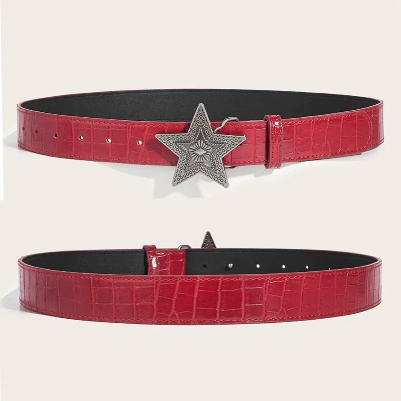 Width 3.3cm Hip-hop Retro Ladies Belt Gothic Punk Five-pointed Star Buckle Pu Leather Girdle Rock Y2k Popular Red Waistband