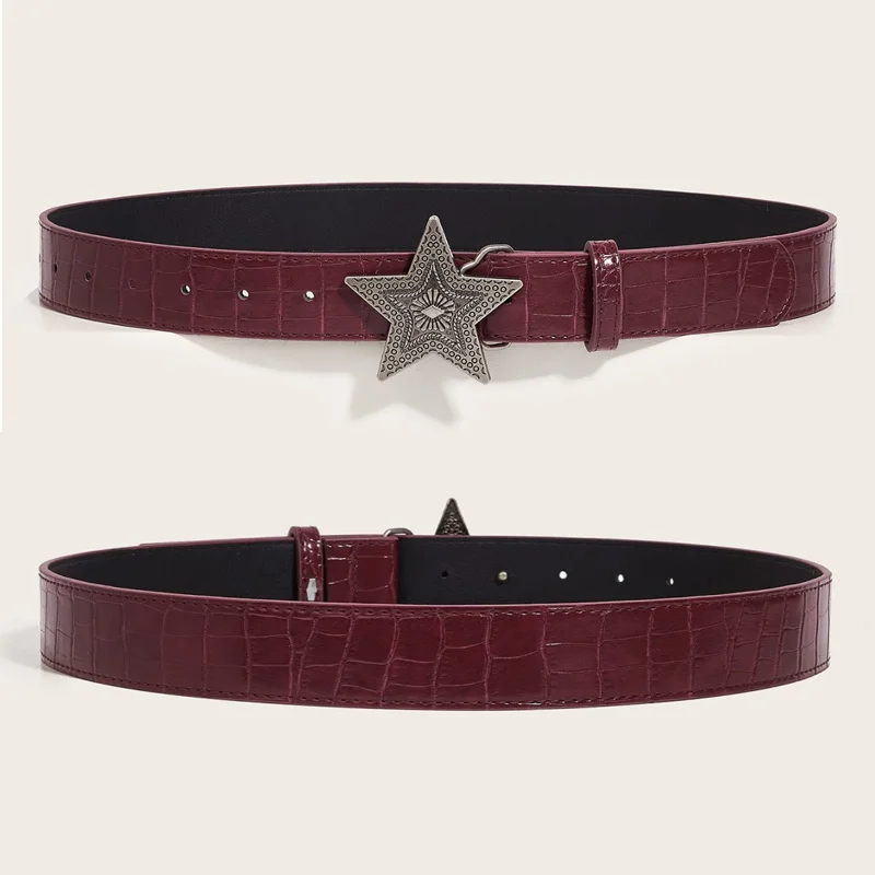 Width 3.3cm Hip-hop Retro Ladies Belt Gothic Punk Five-pointed Star Buckle Pu Leather Girdle Rock Y2k Popular Red Waistband