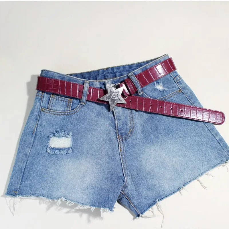 Width 3.3cm Hip-hop Retro Ladies Belt Gothic Punk Five-pointed Star Buckle Pu Leather Girdle Rock Y2k Popular Red Waistband