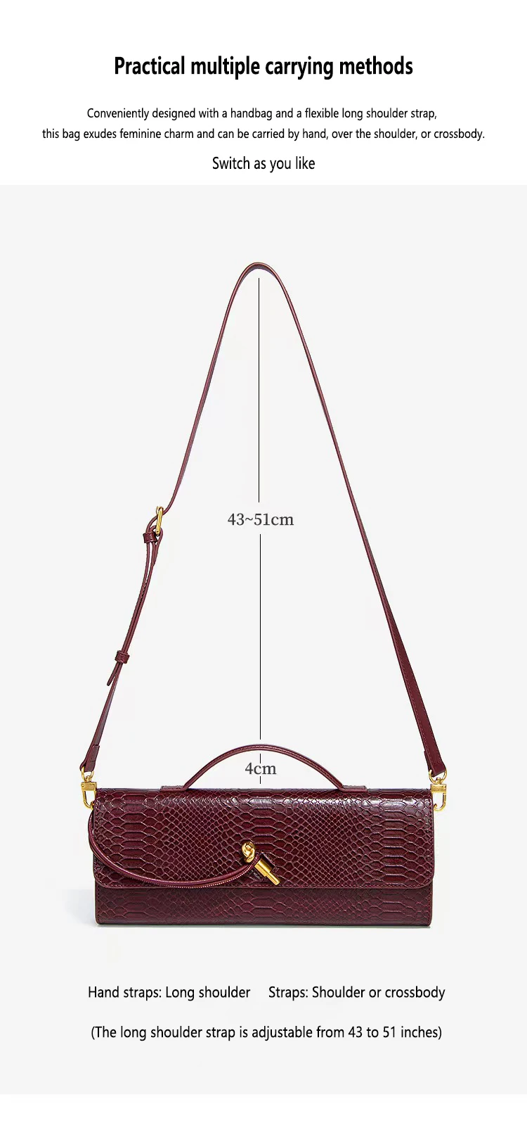 PU Leather Fashion Luxury Top-Handle Bag For Women Evening Handbag Long Purse Crocodile Pattern Crossbody Shoulder Bags