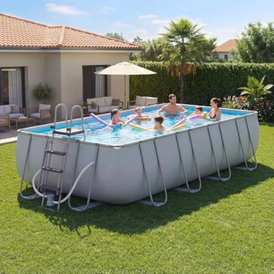 20' x 11' x 47 Rectangular Frame Pool Set with Sand Filter Pump and Removable Ladder Large Swimming Pool for Backyard Gray