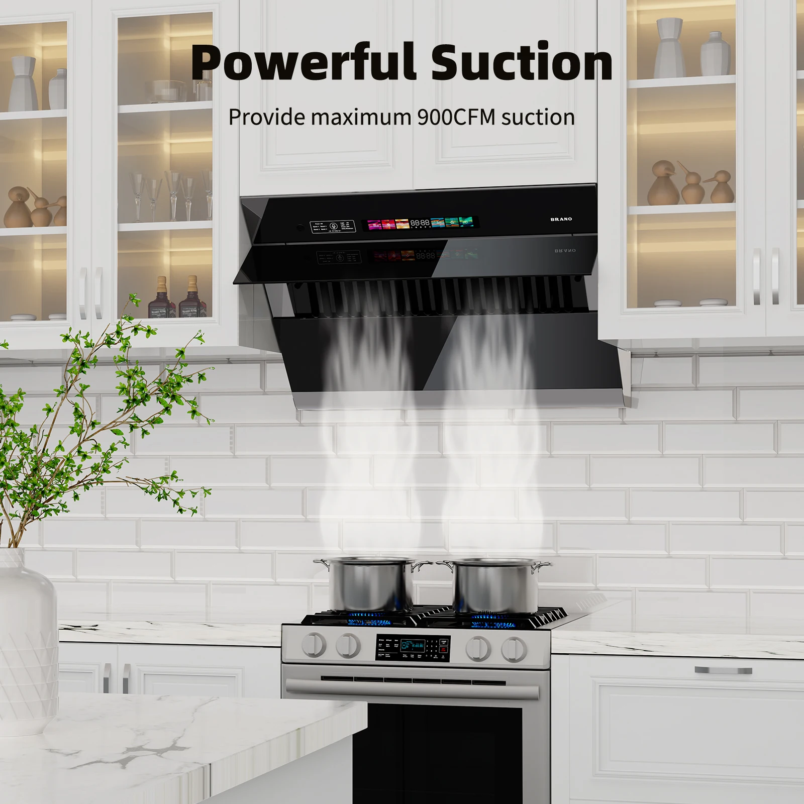 BRANO 30-inch Under Cabinet Range Hood 900CFM Ventilation with Voice/Gesture/Touch Control for Modern Kitchen Ducted/Ductless Co