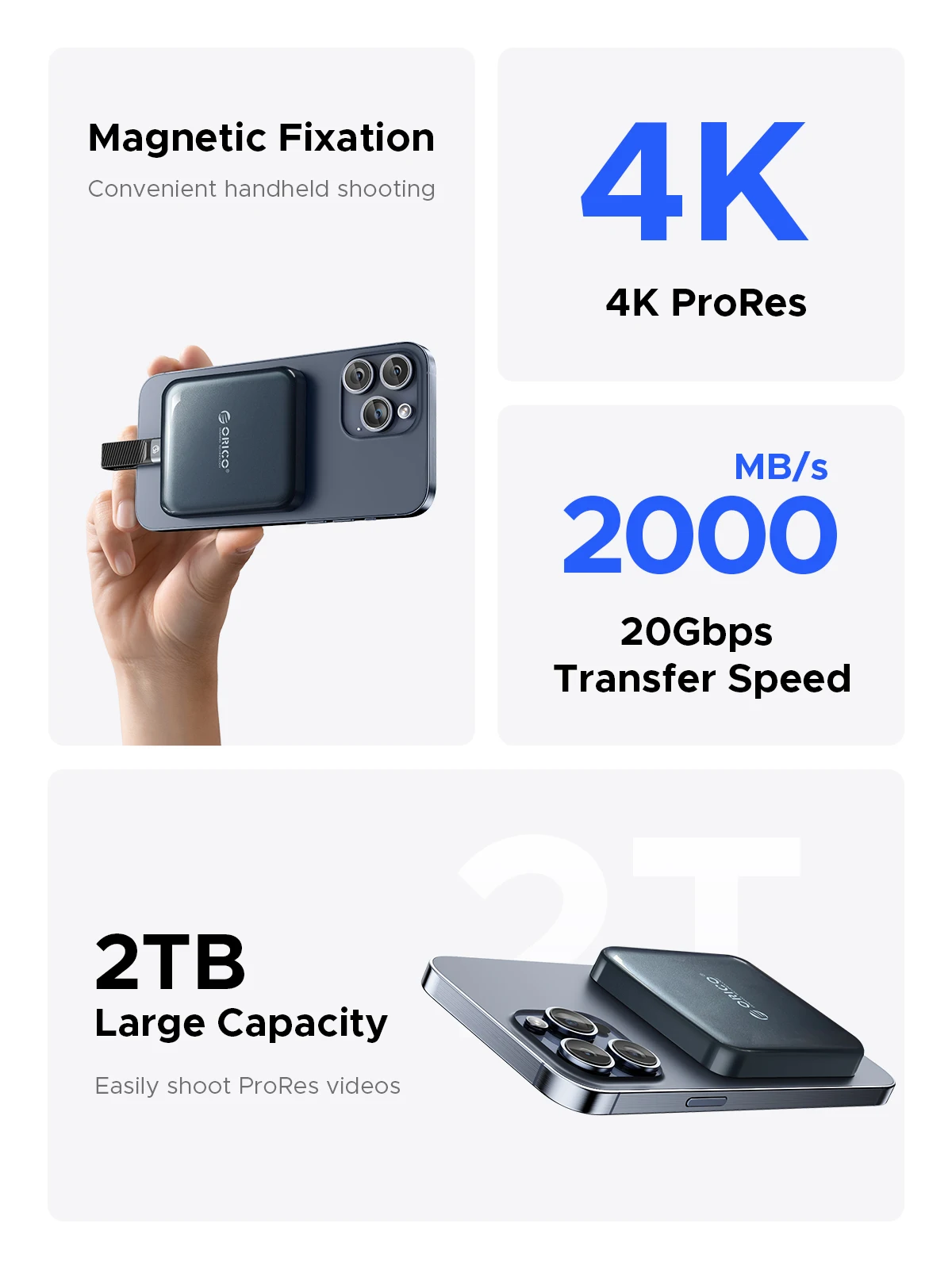 ORICO Magnetic Portable SSD USB3.2 20Gbps Supports 4K ProRes Video Recording for iPhone 15 Pro Series External Solid State Drive