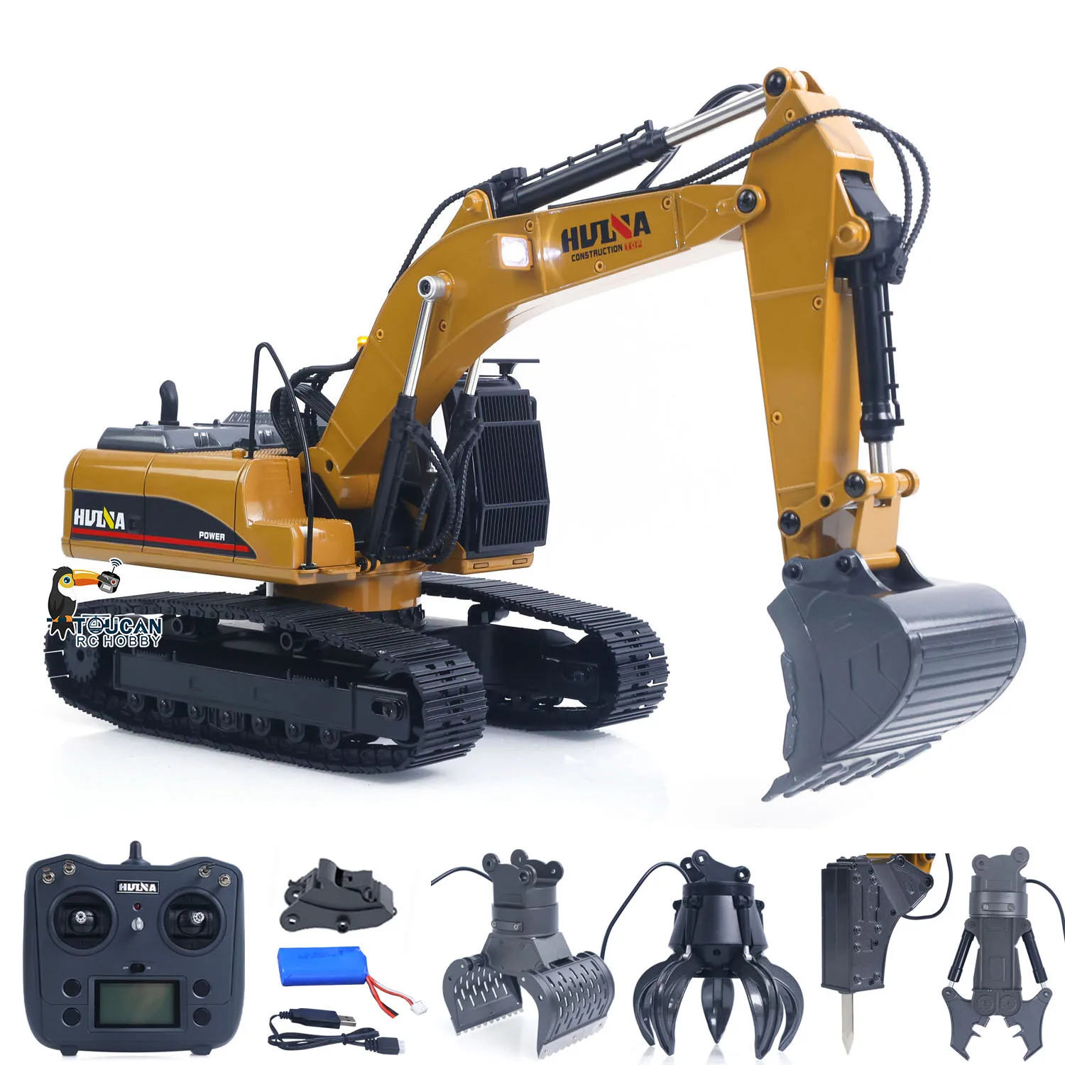 US Stock HUINA New Upgrade 580 1/14 Metal Excavator RC Engineering Vehicles Electric Model Toys Ball Grabber Shear Claw Sound Lights Remote Control Cars Toys