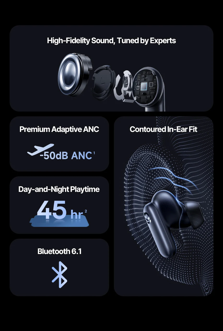 Baseus Inspire XP1 Adaptive Noise Cancelling Earbuds Sound by Bose Dolby Audio Adaptive Tuning Sound 6-Mic Clear Calls Earphones