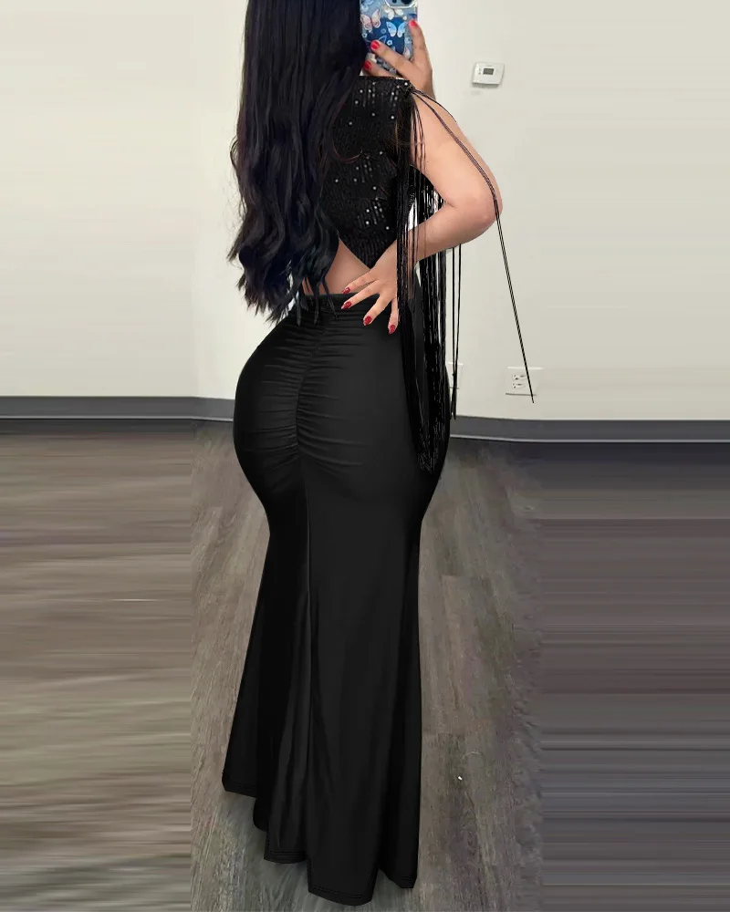 Elegant Evening Party Dresses for Women Sexy Contrast Sequin Ruched Slit Evening Dress 2026 New Fashion Casual Female Clothing