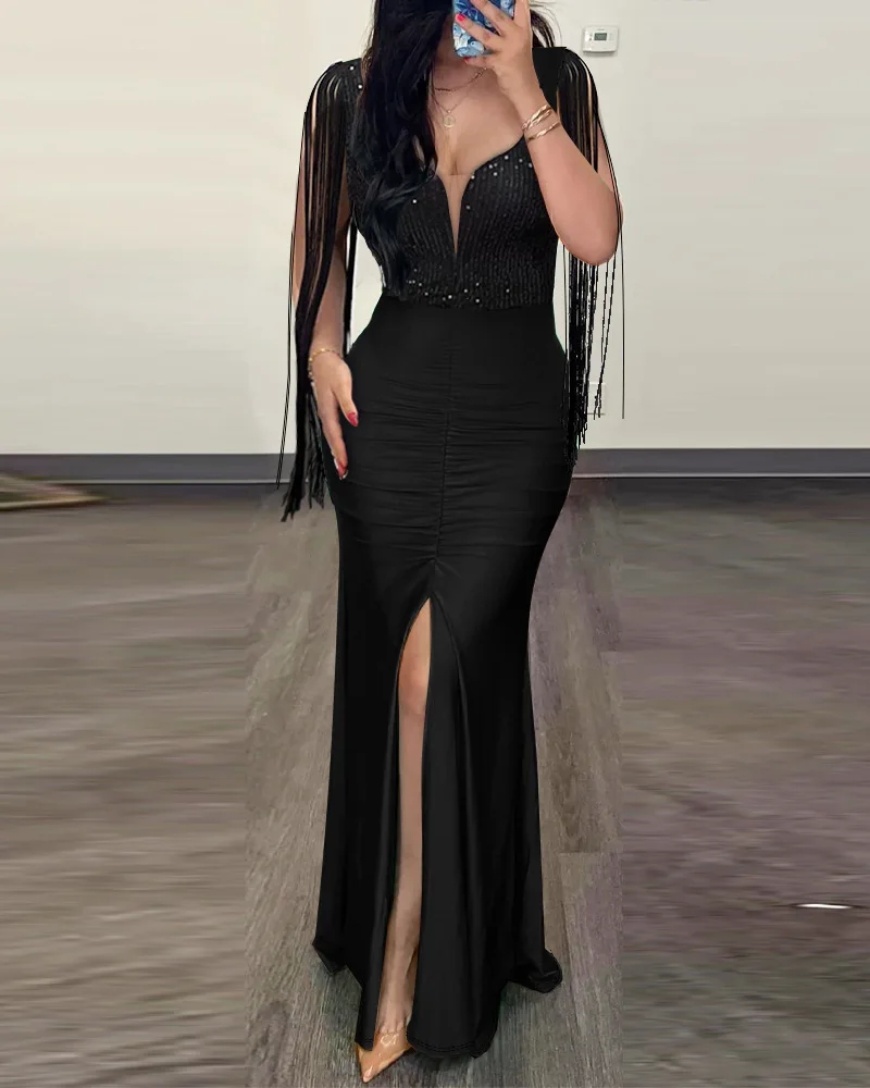 Elegant Evening Party Dresses for Women Sexy Contrast Sequin Ruched Slit Evening Dress 2026 New Fashion Casual Female Clothing