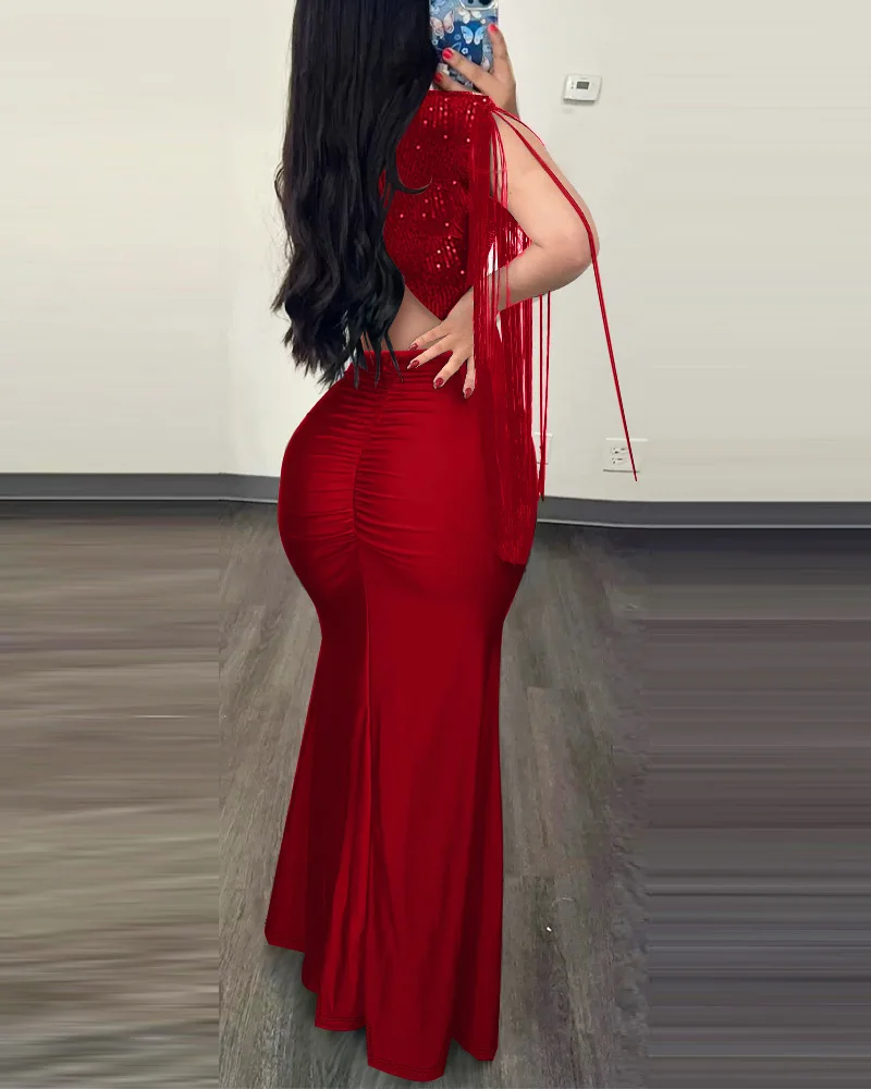 Elegant Evening Party Dresses for Women Sexy Contrast Sequin Ruched Slit Evening Dress 2026 New Fashion Casual Female Clothing