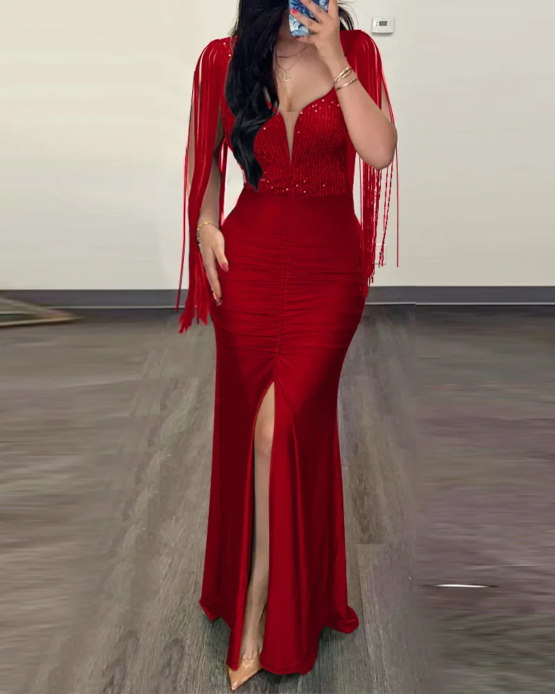 Elegant Evening Party Dresses for Women Sexy Contrast Sequin Ruched Slit Evening Dress 2026 New Fashion Casual Female Clothing