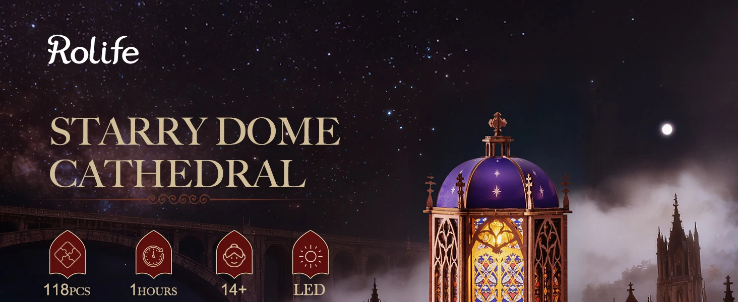 Rolife Wooden 3D Puzzle Twin-Tower Cathedral Model Building Kit DIY Miniature House Kit with LED Light for Bookshelf Decor