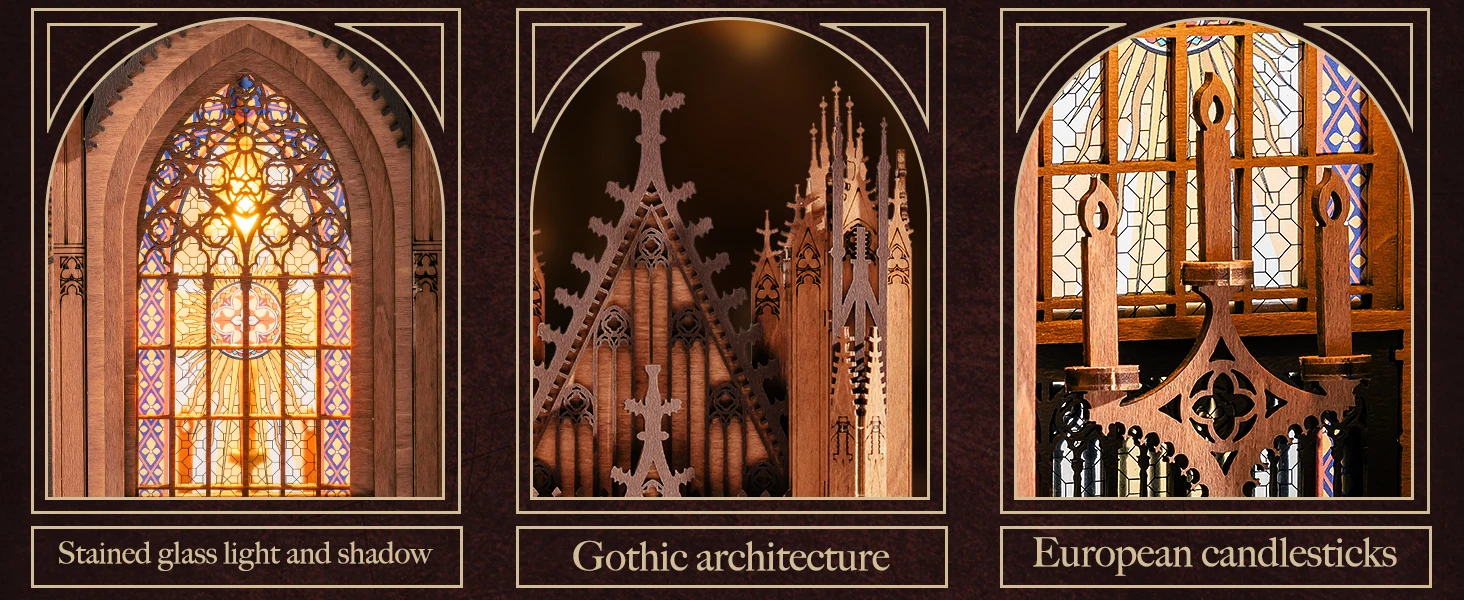 Rolife Wooden 3D Puzzle Twin-Tower Cathedral Model Building Kit DIY Miniature House Kit with LED Light for Bookshelf Decor