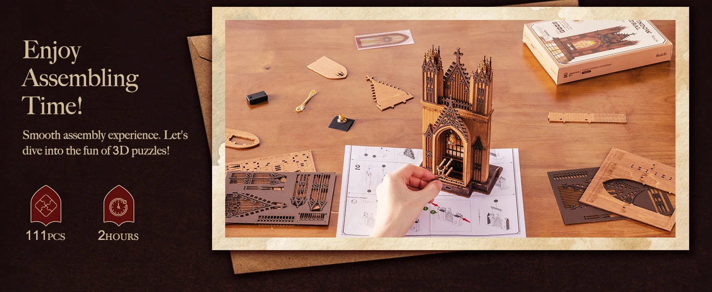 Rolife Wooden 3D Puzzle Twin-Tower Cathedral Model Building Kit DIY Miniature House Kit with LED Light for Bookshelf Decor