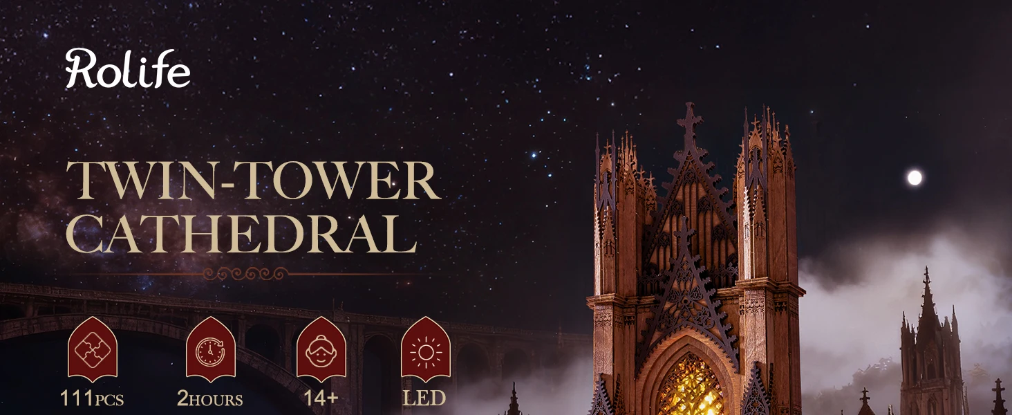 Rolife Wooden 3D Puzzle Twin-Tower Cathedral Model Building Kit DIY Miniature House Kit with LED Light for Bookshelf Decor